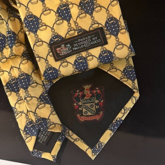 Gucci Logo Silk Tie Horsebit Yellow Black Mint Mens Gift Horse Bit Equestrian - Picture 4 of 5